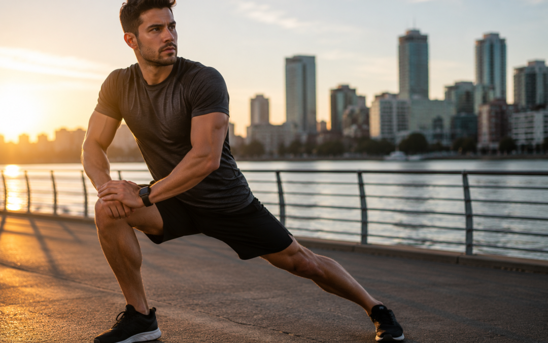 Fit man stretching outdoors by the waterfront at sunrise before a workout — weight loss affirmations
